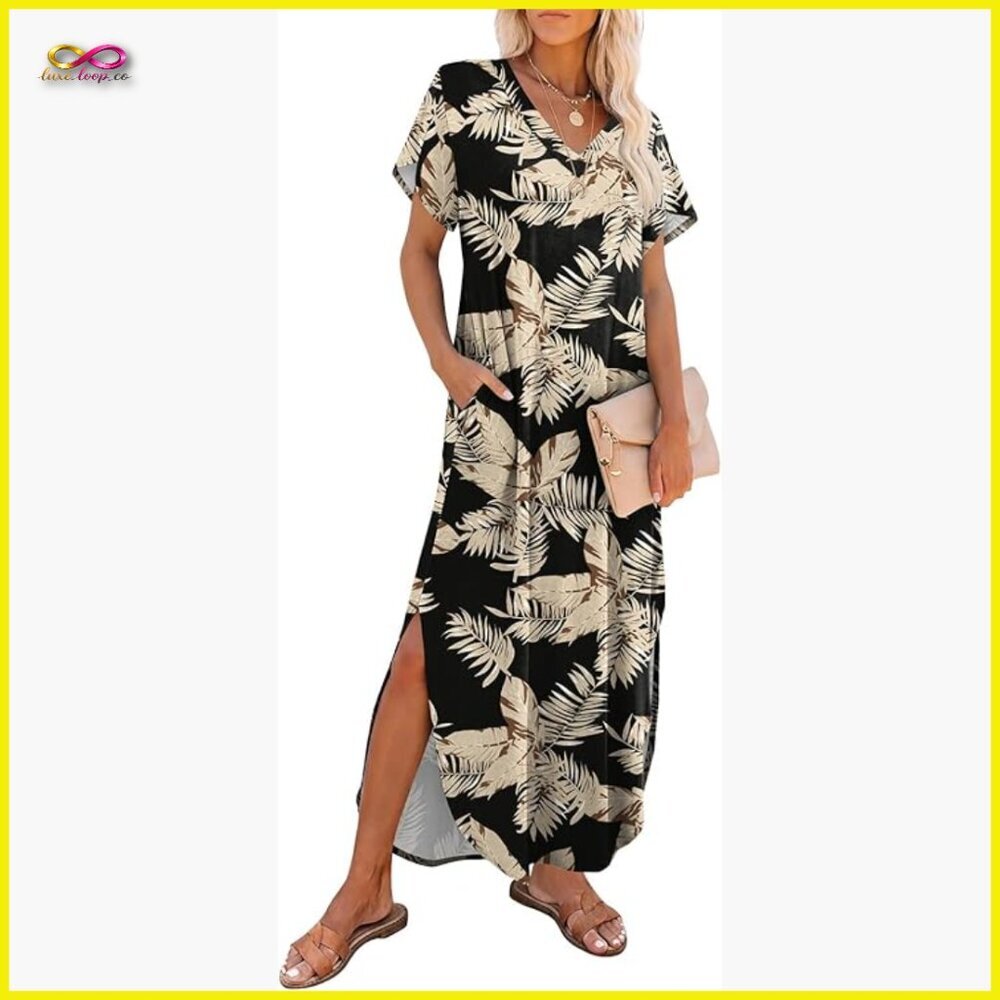 V-Neck Maxi Dress with Side Slits Casual Boho Summer Beach Wear